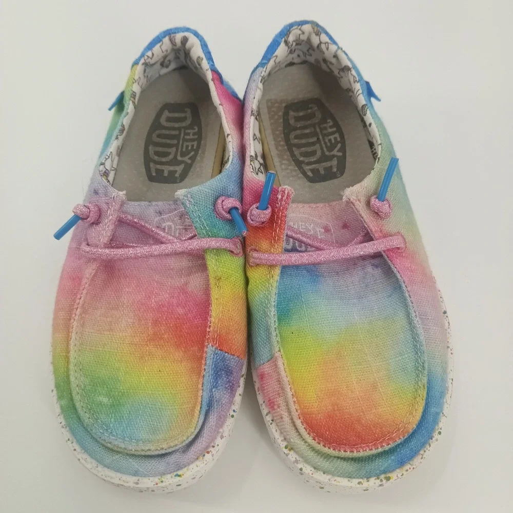 Hey Dude Wendy Youth Rainbow Tie Dye Unicorn Slip On Loafers Shoes Kids Size 12